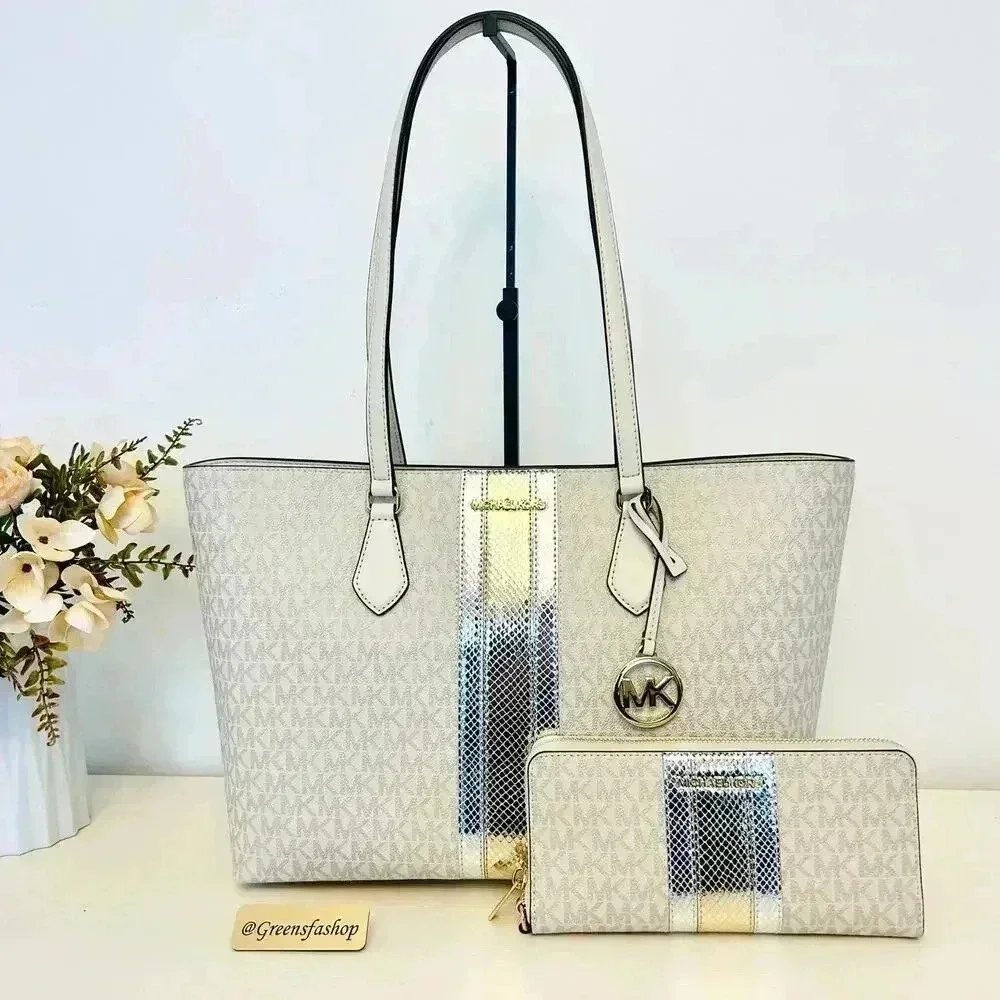 Michael Kors Purse & Wallet Sheila Large Signature & Metallic Tote Bag Pale Gold
